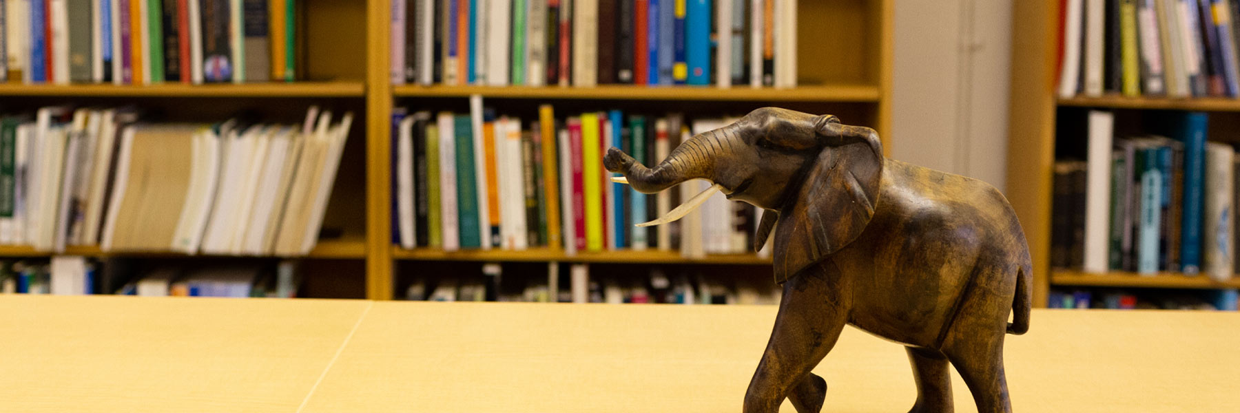 A charming carved elephant against a stack of books in the Ostrom Workshop library.
